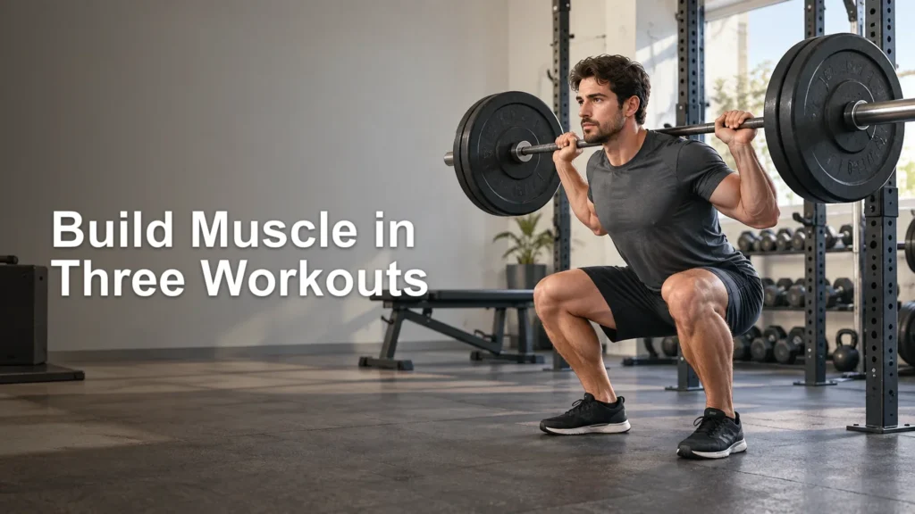 Man performing a barbell back squat in a bright gym beside the headline “Build Muscle in Three Workouts.”