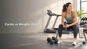 Fitness editorial banner showing a woman seated on a gym bench holding a water bottle, with dumbbells on the floor and a treadmill behind her; text reads “Cardio or Weights First?”