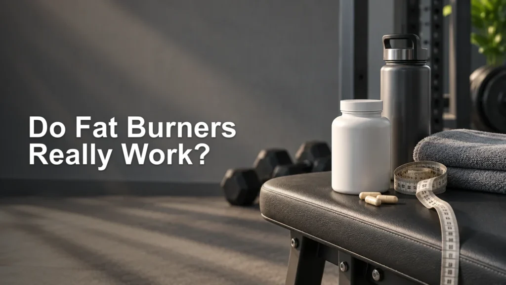 Gym bench with an unbranded white supplement bottle and capsules beside a stainless-steel water bottle, towel, measuring tape, and dumbbells; large text reads “Do Fat Burners Really Work?”