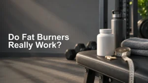 Gym bench with an unbranded white supplement bottle and capsules beside a stainless-steel water bottle, towel, measuring tape, and dumbbells; large text reads “Do Fat Burners Really Work?”