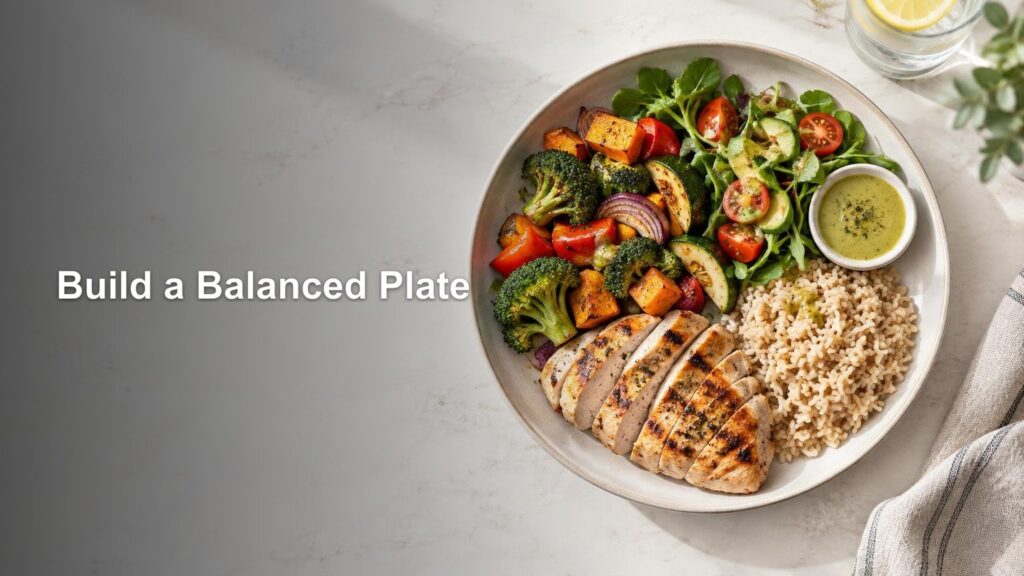 Overhead photo of a bowl with sliced grilled chicken, brown rice, broccoli, roasted vegetables, leafy greens, tomatoes, avocado, and a small cup of green dressing beside the headline “Build a Balanced Plate.”