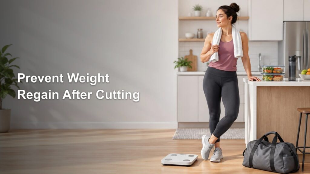 Woman in workout clothes with a towel stands in a bright kitchen beside meal-prep containers, a water bottle, a bathroom scale, and a gym bag; large headline reads “Prevent Weight Regain After Cutting.”