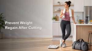 Woman in workout clothes with a towel stands in a bright kitchen beside meal-prep containers, a water bottle, a bathroom scale, and a gym bag; large headline reads “Prevent Weight Regain After Cutting.”