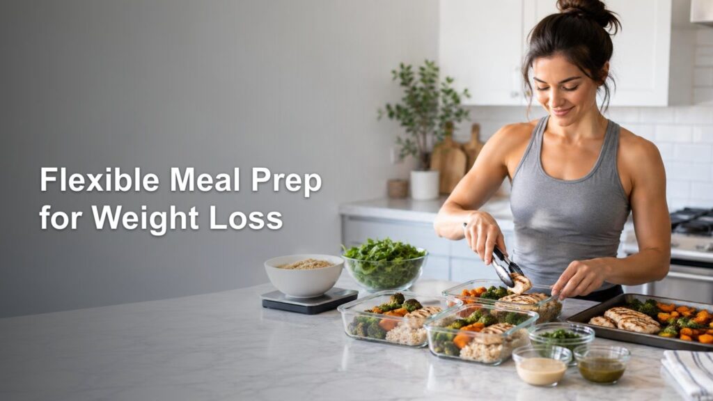Woman in a kitchen portions grilled chicken, rice, broccoli, and carrots into glass meal-prep containers beside a food scale; white headline text appears on the left.
