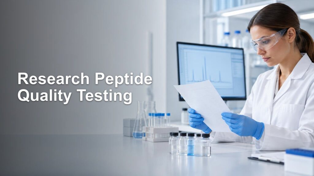 Laboratory researcher in safety glasses and gloves reviewing a paper beside sample vials and a monitor showing chart peaks, with the headline “Research Peptide Quality Testing.”