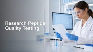 Laboratory researcher in safety glasses and gloves reviewing a paper beside sample vials and a monitor showing chart peaks, with the headline “Research Peptide Quality Testing.”
