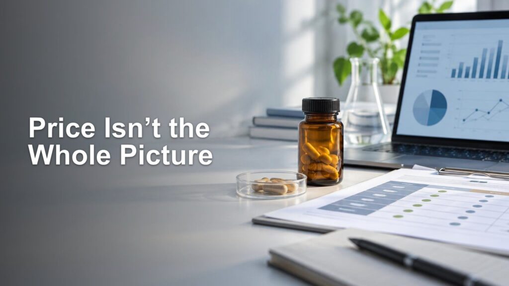 Editorial desk scene with the headline “Price Isn’t the Whole Picture,” an amber bottle of capsules, paperwork, lab glassware, and a laptop displaying charts.