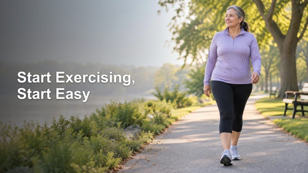 Woman in a purple athletic top walking along a sunny lakeside park path beside large headline text, “Start Exercising, Start Easy.”