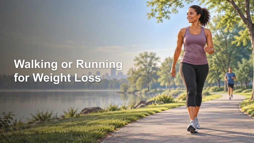 Woman in a purple athletic top walking on a sunny paved path beside a lake, with a runner farther down the path and the headline “Walking or Running for Weight Loss” on the left.