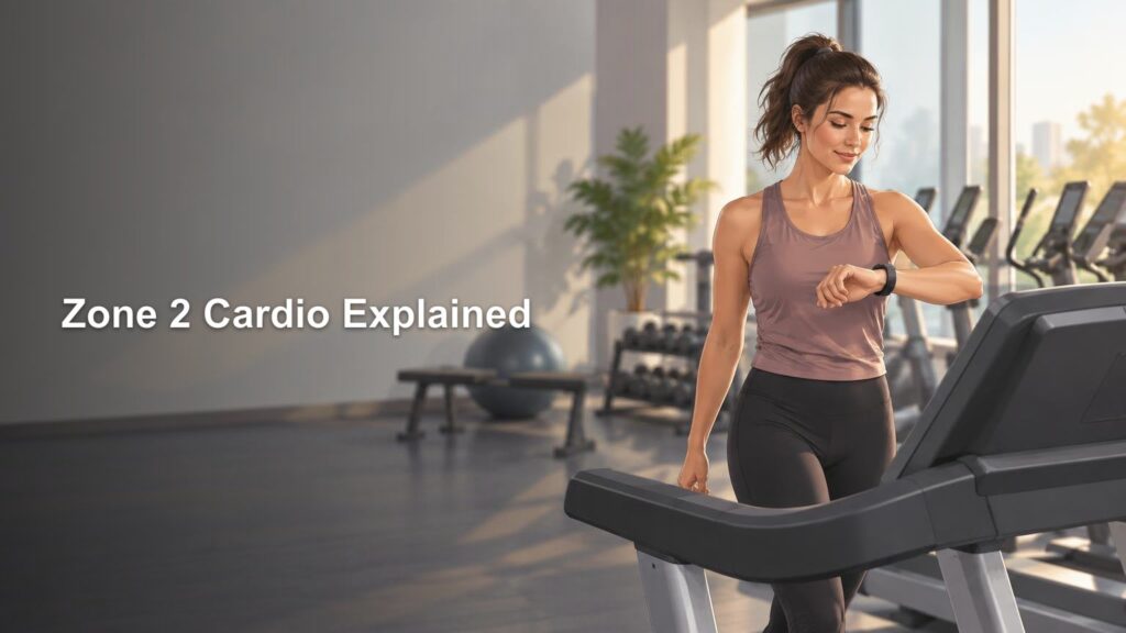 Woman in a bright modern gym looks at her smartwatch beside a treadmill, with the headline “Zone 2 Cardio Explained” on a dark open area to the left.