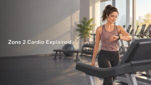 Woman in a bright modern gym looks at her smartwatch beside a treadmill, with the headline “Zone 2 Cardio Explained” on a dark open area to the left.